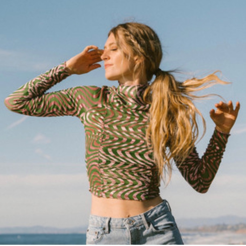 Urban Outfitters Pink & Green Swirl Scrunch Velvet Long Sleeve See Through Top